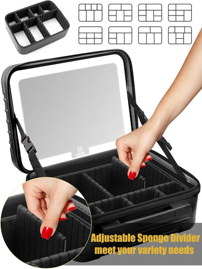 Kalolary Travel Makeup Train Cases,Makeup Bag with 3 Color Lighted Mirror Cosmetic Case Organizer Bag with Adjustable Dividers & Shoulder Strap 3 Layer Portable Makeup Storage Box for Women,Black