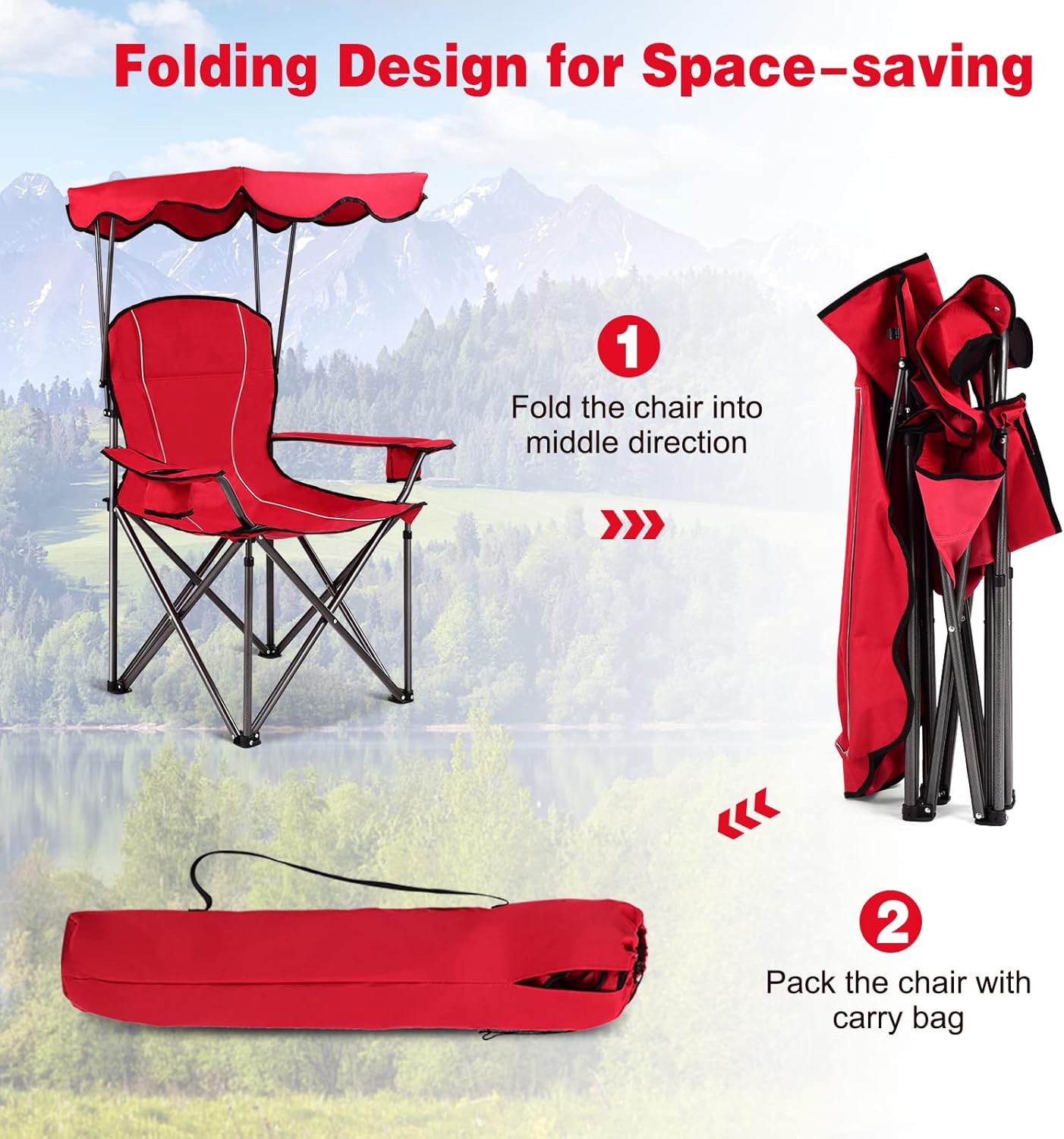 S AFSTAR Safstar Folding Camping Chair with Canopy, Portable Lawn Beach Canopy Chair with Cup Holder & Carry Bag, Load Bearing Up to 265LBS, Folding Chair for Outside Outdoor Travel Hiking Fishing