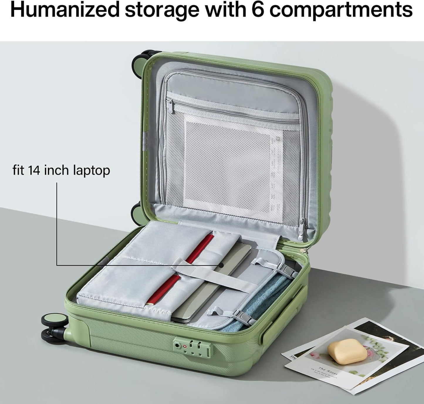 Hanke 16 Inch Underseat Carry on Luggage with Wheels,Small Hard Shell Suitcases for Weekender,Travel Approved Lightweight Travel Luggage Suitcase for Womem Men,Bamboo Green.