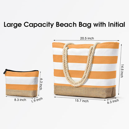 Becokan Beach Bag Initial Beach Tote with Makeup Bag for Travel Work Storage Personalized Birthday Gifts for Women Her