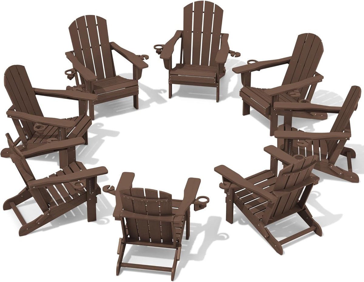 SERWALL Adirondack Chair with Cup Holders - Composite Adirondack Chairs Set of 8 HDPE Outdoor Chairs All Weather Use- Coffee