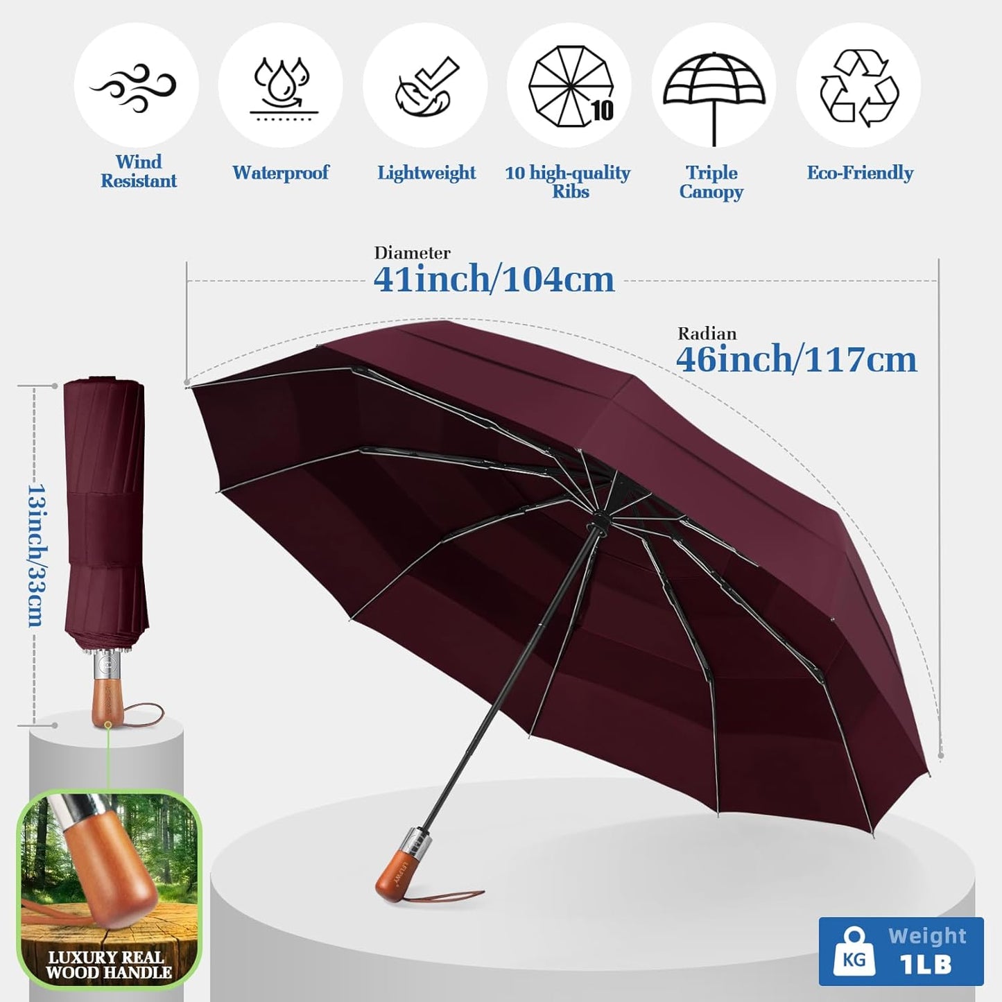 3T Wind Armor Travel Umbrella Compact Easy Auto Open Close Folding Umbrellas for Rain Windproof Umbrella for Women and Men Durable Real Wood Handle Portable Fits Backpack Car