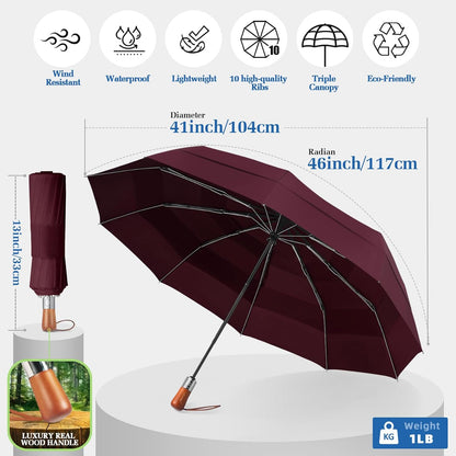 3T Wind Armor Travel Umbrella Compact Easy Auto Open Close Folding Umbrellas for Rain Windproof Umbrella for Women and Men Durable Real Wood Handle Portable Fits Backpack Car