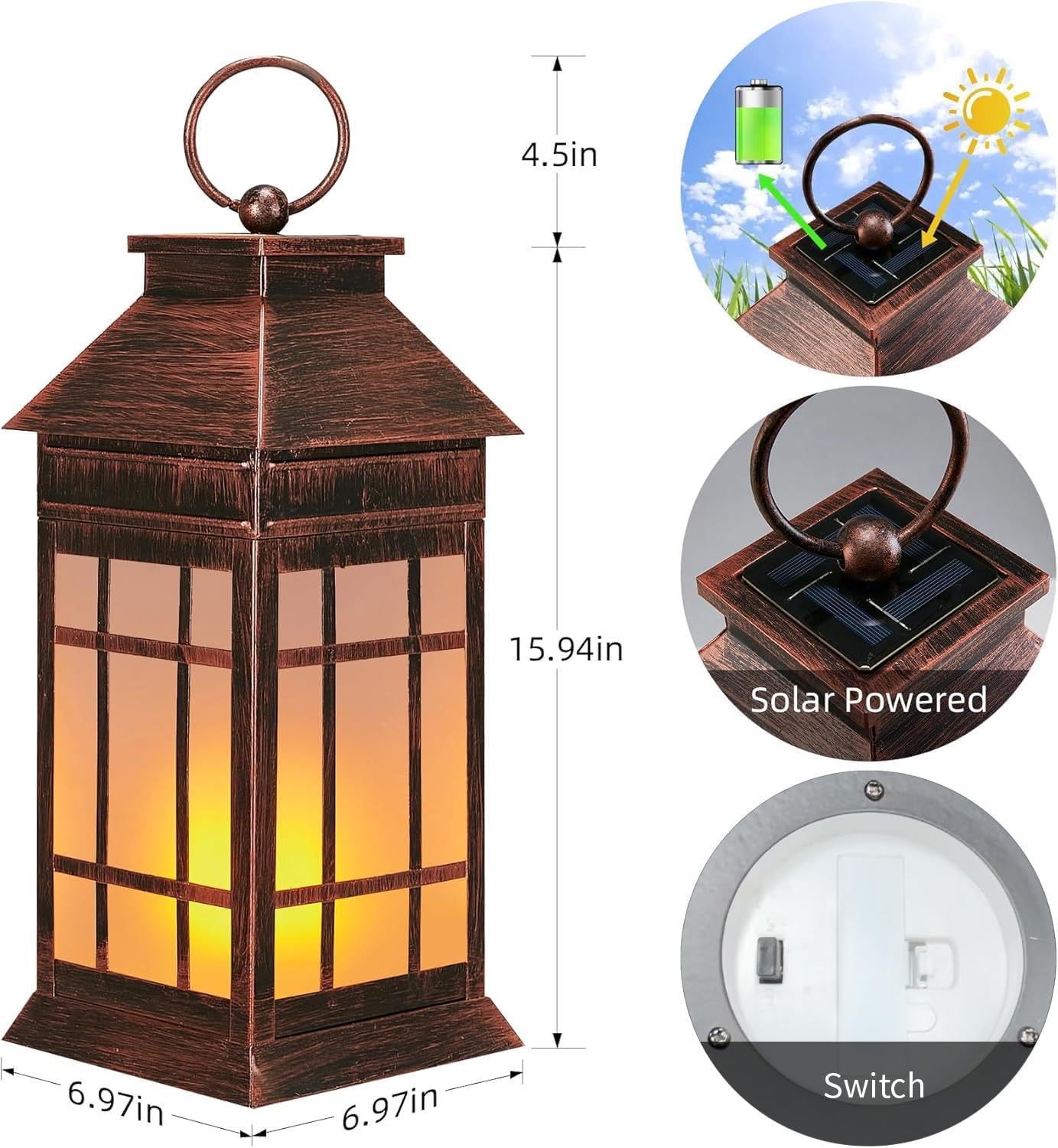 18" Glass Solar Lanterns Outdoor Waterproof, Large Solar Flickering Flame Lantern, Outdoor Lantern Decorative Metal Garden Light for Patio Garden Backyard Outside Tabletop Decor Birthday Gift Grandma