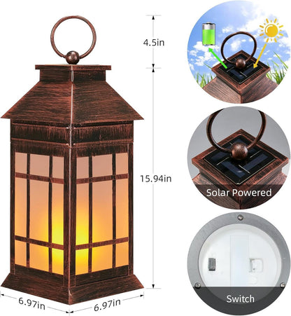 18" Glass Solar Lanterns Outdoor Waterproof, Large Solar Flickering Flame Lantern, Outdoor Lantern Decorative Metal Garden Light for Patio Garden Backyard Outside Tabletop Decor Birthday Gift Grandma