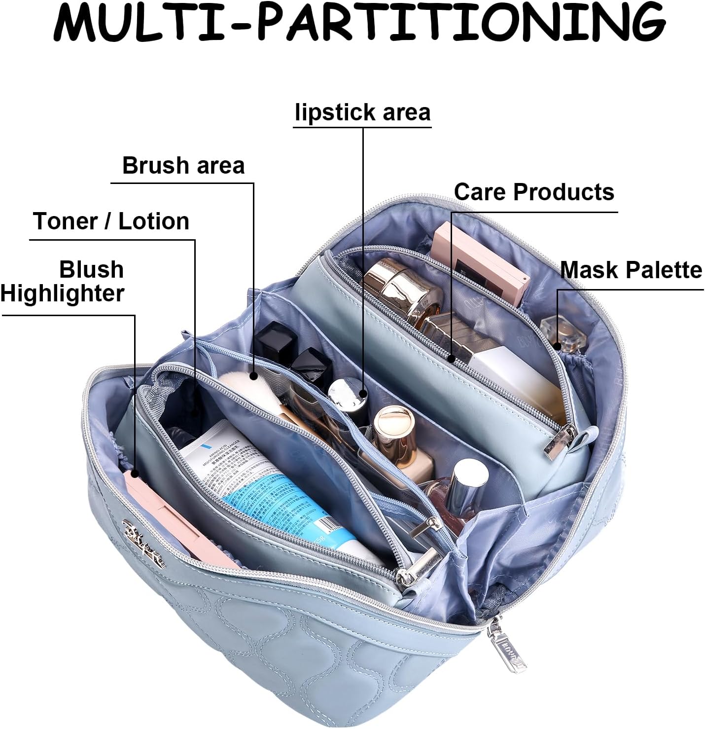 Travel Makeup Bags for Women Cosmetic Bag: Puffy Make up Bags Set of 3 - Vegan Leather Makeup Organizer - Waterproof Large Toiletry Bag with Compartments - Travel Essentials (Blue)