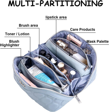 Travel Makeup Bags for Women Cosmetic Bag: Puffy Make up Bags Set of 3 - Vegan Leather Makeup Organizer - Waterproof Large Toiletry Bag with Compartments - Travel Essentials (Blue)