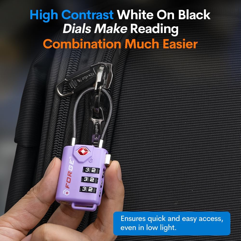 Forge TSA Approved Luggage Locks, Re-settable Combination with Alloy Body, Light Purple 2 PK, for Luggage, Suitcase, Backpack and More.