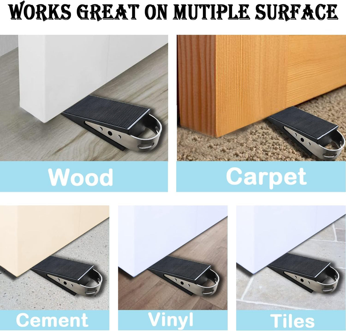Shackcom Door Stopper, 2 Pack Black Heavy Duty Wedge That Holds Doors Firmly and Doesn’t Budge, Made of Rubber and Stainless Steel, Works on All Floor Surfaces, with Hanger which Easy to Storage