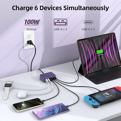 USB C Charger Block, 100W GaN 6 Port PD USB C QC USB A Wall Charger Adapter Plug Cube, Super Fast Type C Charging Station Hub for iPhone 16 15 14 13 12 Pro Max iPad Samsung Pixel 5ft Extension Cord