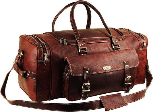 Men’s Gym Sports Overnight Weekender Bag Leather Travel Bags For Men Vintage Leather Duffle Bag Women Carry On Travel Holdall Bag 24 Inches