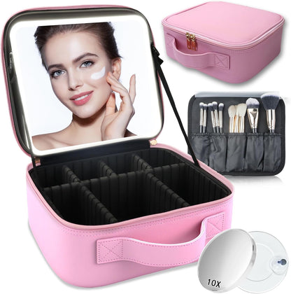 Makeup Bag with Led Mirror,Travel Makeup Organizer with 3 Color Setting & 10X Magnifying Mirror, Portable Storage and Adjustable Dividers Travel Makeup Bag-Light Pink