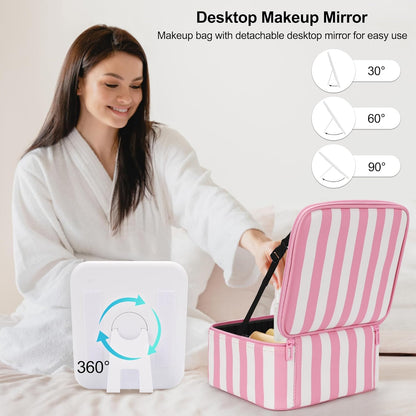 Makeup Bag With LED Mirror, Travel Makeup Case with Light up Mirror Large Cosmetic Case with 3 Color Lighted Portable Organizer Bag with Adjustable Dividers (Pink/White Stripes, Small)