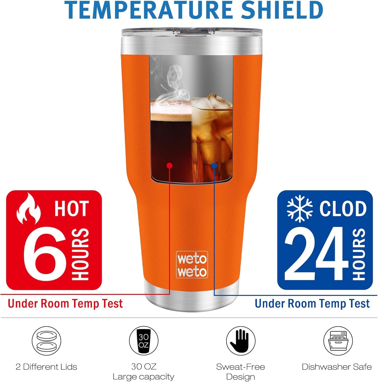 WETOWETO 30 oz Tumbler Stainless Steel Vacuum Insulated Coffee Ice Cup Double Wall Vacuum Coffee Cup Thermal Cups for Hot and Cold drinks, Suitable for Beach, Travel (Orange, 1 Pack)