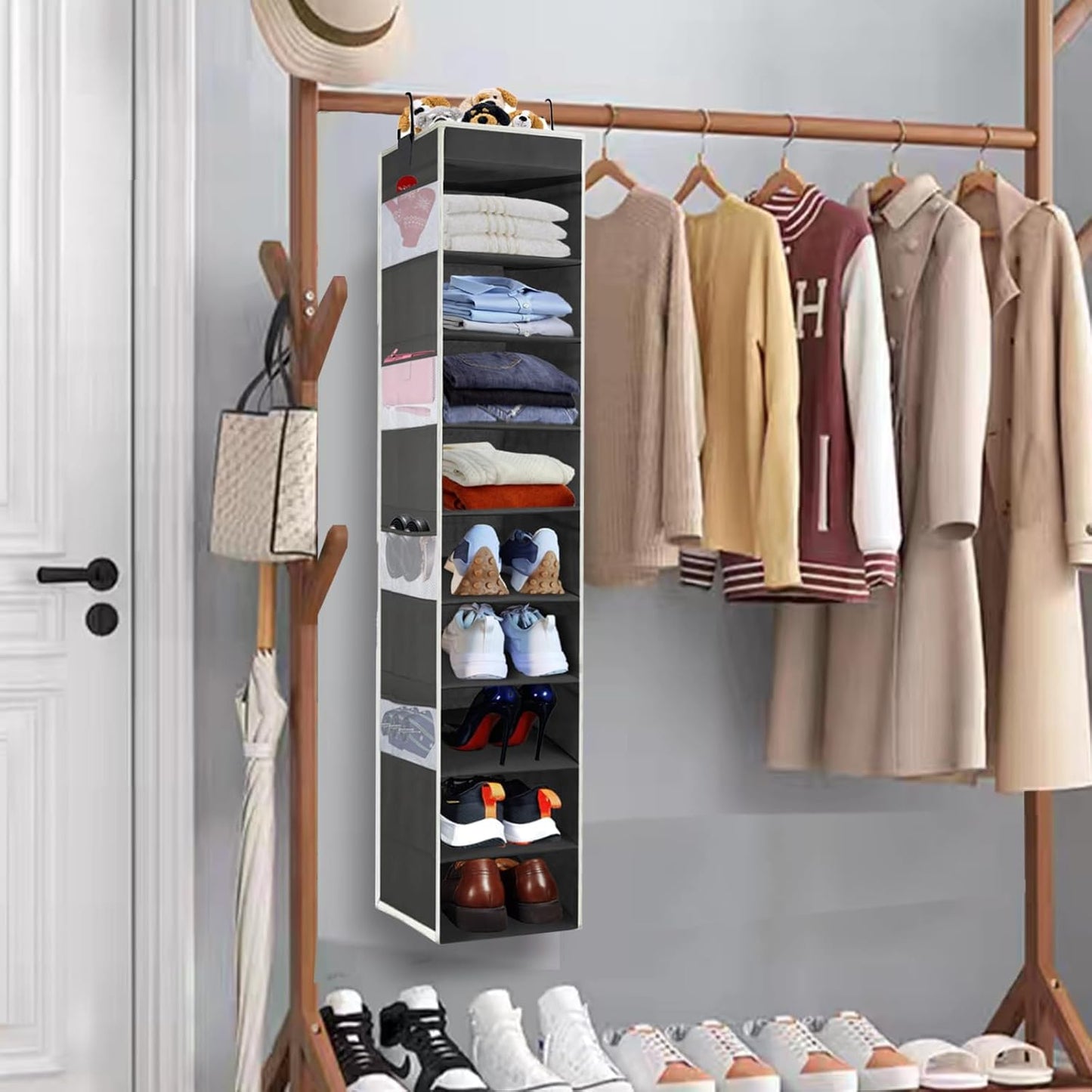 2 Pack Large-Sized Hanging Shoe Organizer 10-Shelf, Sturdy Hanging Closet Organizer with 8 Side Pockets, Wider Hanging Shelves for Storage Shoes Clothes Jeans Shirts Toys, Black