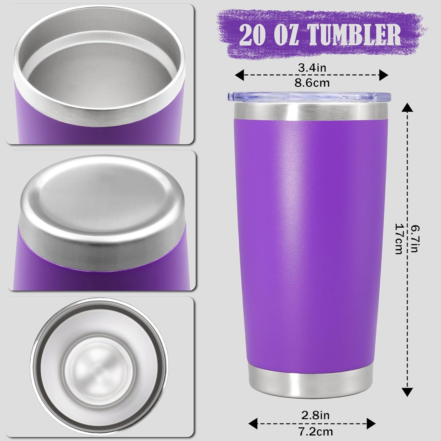 20 oz Tumbler Coffee Tavel Tumblers Bulk with Lid Stainless Steel Double Wall Vacuum Insulated Mug Powder Coated Cups fit Car Cupholder for Hot and Cold - Purple, 8Pack