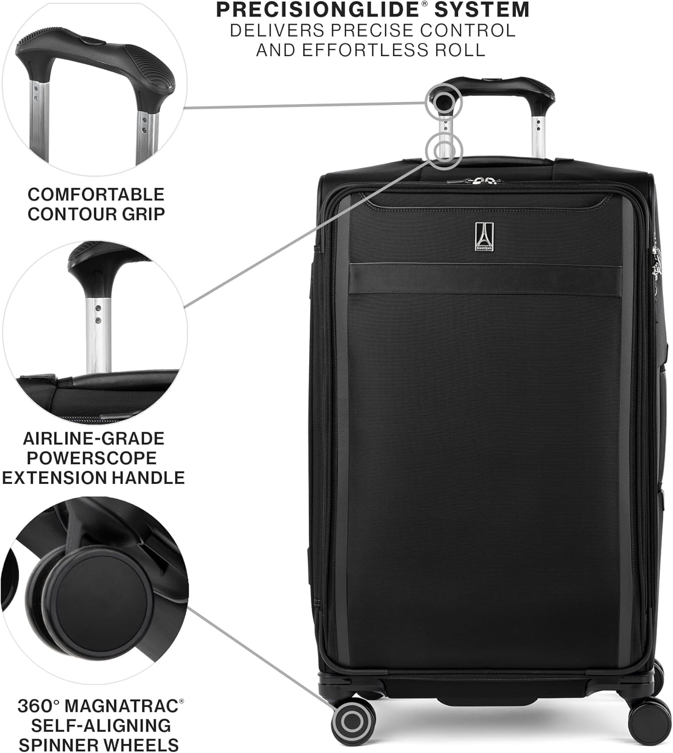 Travelpro VersaPack+ Lightweight Softside Expandable Checked Luggage, 8 Spinner Suitcase, TSA Lock, Men and Women, Checked Large 29-Inch, Black