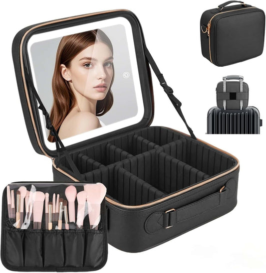 Travel Makeup Bag with LED Mirror, Cosmetic Bags for Women with Light up Mirror, Travel Essentials Makeup Organizer, Makeup Case with Adjustable Dividers and Brush Holder, 3 Color Lights