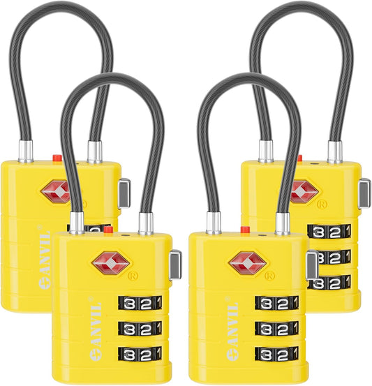 ANVIL TSA Approved Luggage Locks – High Security TSA008 Combination Travel Locks with Inspection Indicator for Suitcases and Backpacks. (4, Yellow)