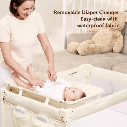 ANGELBLISS Baby Bassinet Bedside Crib, Pack and Play with Mattress, Diaper Changer, One-Push Setup Playards from Infants to Toddlers (Beige)