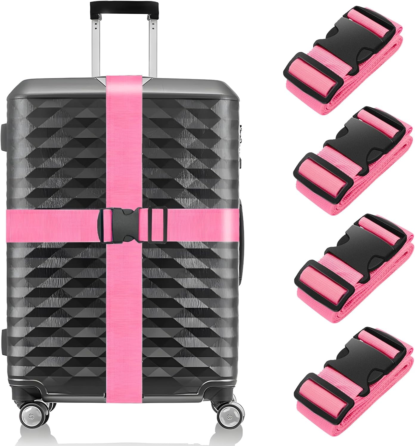 BILIONE Luggage Straps, 79" Long Belts Keep Suitcase Secure While Traveling, TSA Approved Add a Bag Premium Accessory for Travel Bag Closure (Pink, 4Pcs)