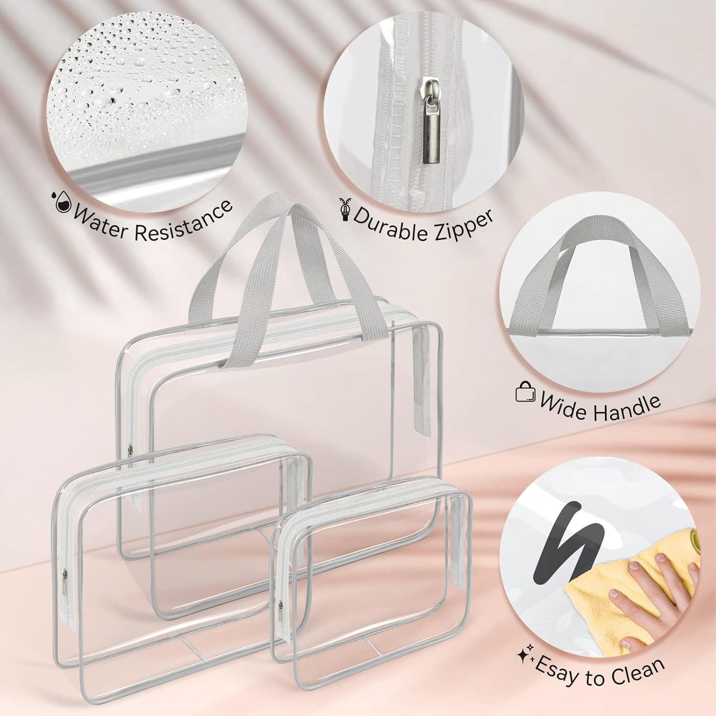 TISRATOK 10 PCS Clear Travel Makeup Toiletry Bag, Plastic PVC Cosmetic TSA Approved Organizer Kit with Zipper Handbag（Grey）