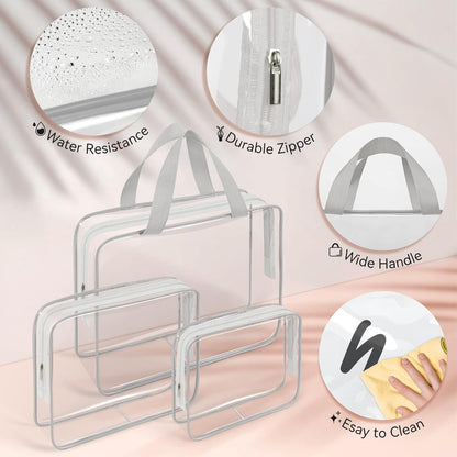 TISRATOK 10 PCS Clear Travel Makeup Toiletry Bag, Plastic PVC Cosmetic TSA Approved Organizer Kit with Zipper Handbag（Grey）