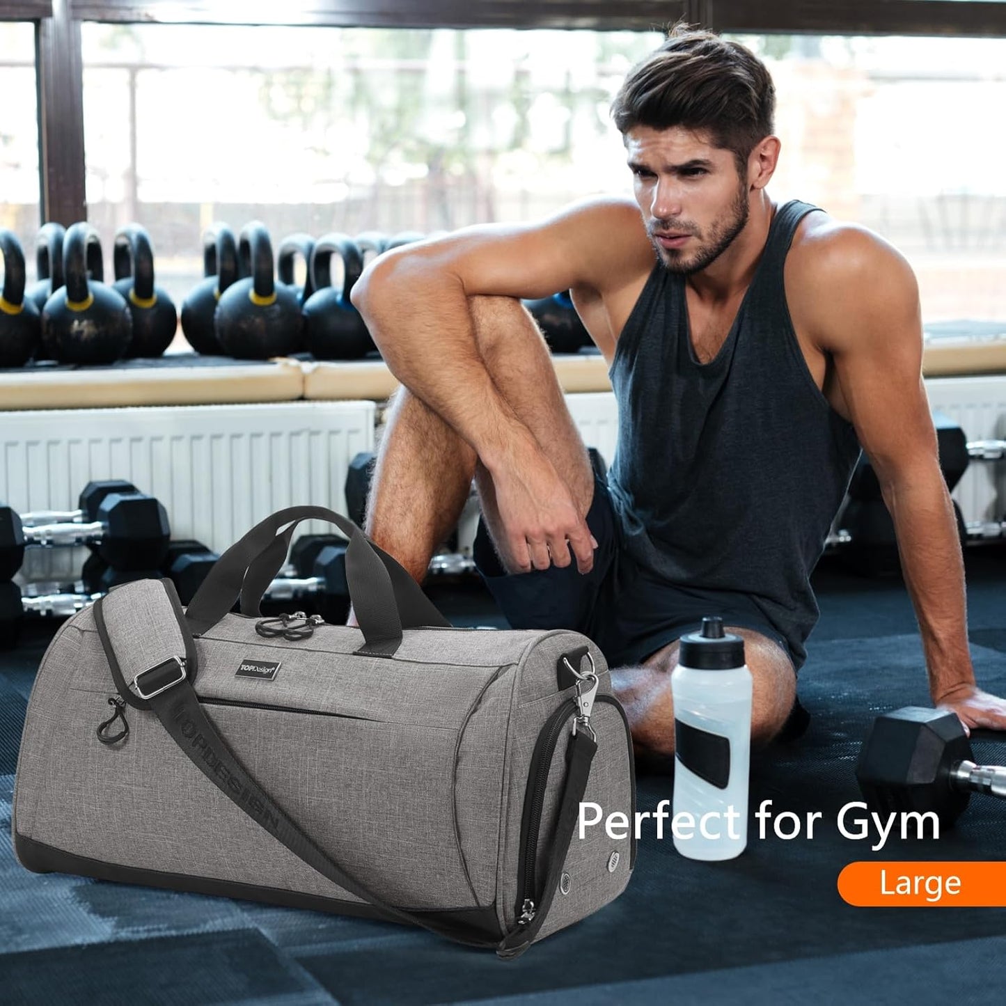 TOPDesign Gym Bag for Women & Men, Unisex Duffel Bag with Shoe Compartment & Wet Pocket for Travel Sports Gym (L Textured Grey)