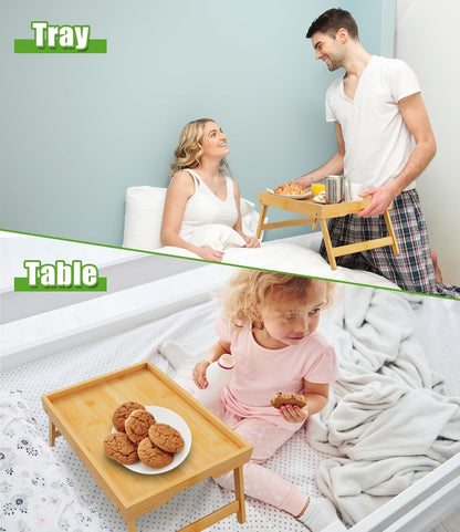 Bed Tray Table with Folding Legs, Bamboo Breakfast in Bed for Kitchen Serving Tray, Sofa, Eating, Used As Laptop Desk Snack Tray (4 Pack, Bamboo Color)