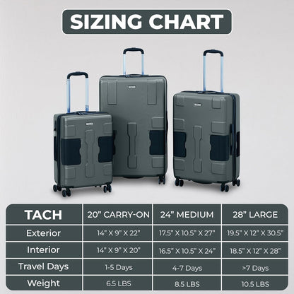 Tach V3.1 Hard Shell 3 Piece Luggage Set - 20, 24 & 28 inch Luggage | Carry On, Medium & Large Checked Suitcases | Patented Built-In Connecting System | Rolling Suitcase Links 6 Bags (Grey)