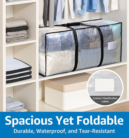 6 Pack Heavy Duty Moving Bags with Padded Wrap Around Handles-Strengthened Zipper Extra Large Storage Totes for Dorm College Clothes Clear