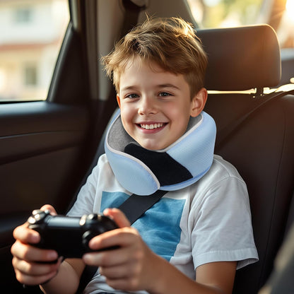 Junior Kids Travel Neck Pillow - Ergonomic Memory Foam Pillow for Airplane, Car, Booster Seat - Soft, Washable, Compact Travel Pillow with Strap - Light Blue - Ages 4–13