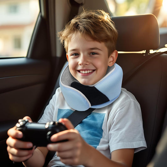 Junior Kids Travel Neck Pillow - Ergonomic Memory Foam Pillow for Airplane, Car, Booster Seat - Soft, Washable, Compact Travel Pillow with Strap - Light Blue - Ages 4–13