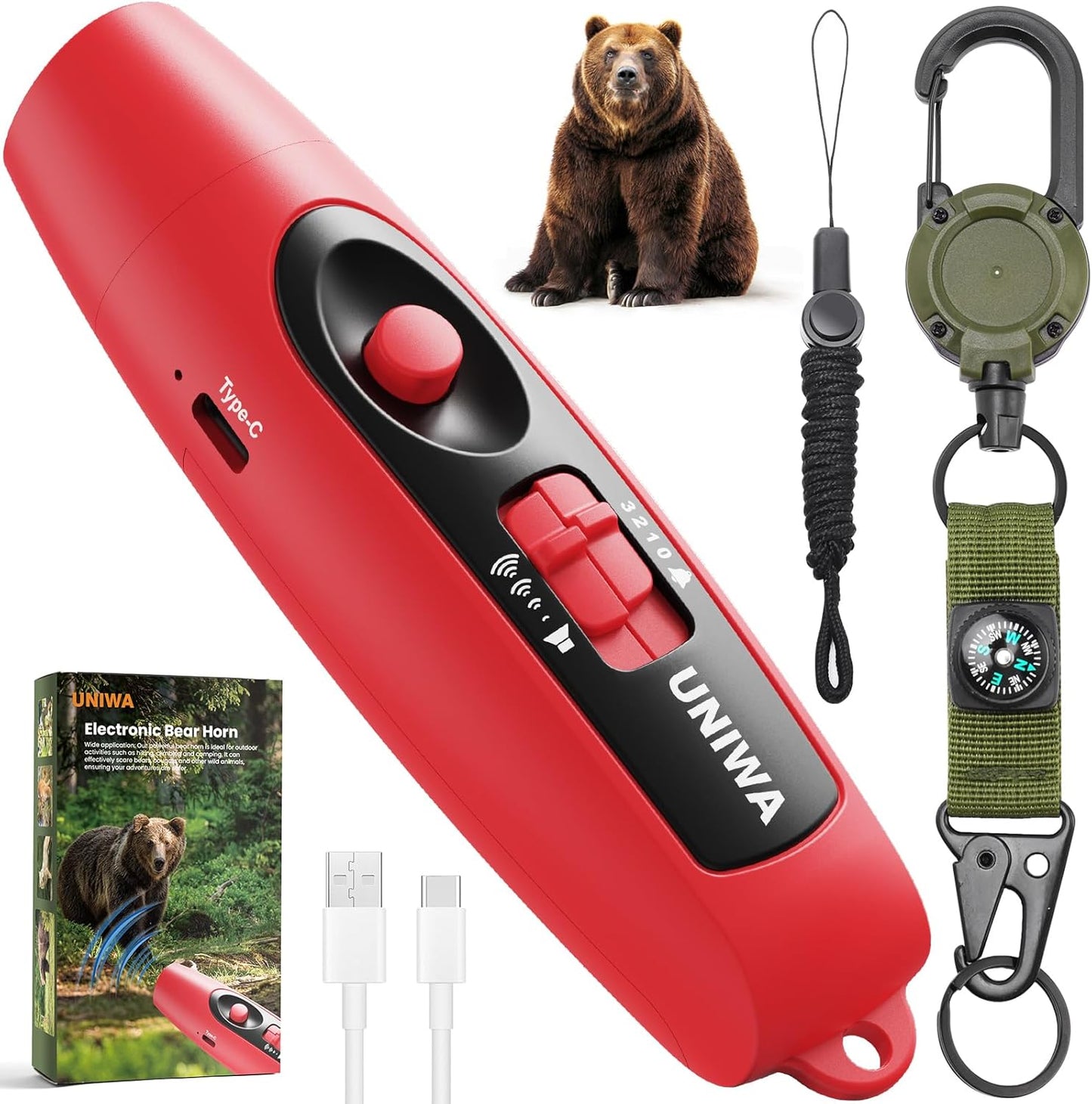 UNIWA Electronic Air Bear Horn, 120±5 dB Loud Air Horn for Safety Hiking Camping Emergency Whistle with Compass, Bear Horn to Scare Bears - Self Defense for Hiking -Red