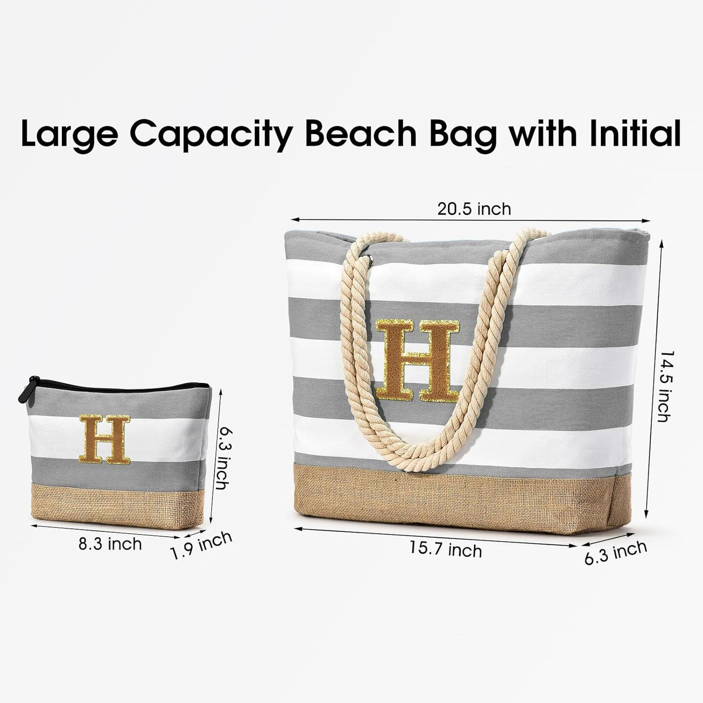 Becokan Beach Bag Initial Beach Tote with Makeup Bag for Travel Work Storage Personalized Birthday Gifts for Women Her
