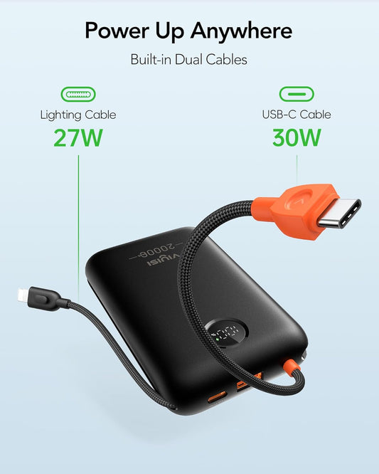 Portable Charger 20000mAh 30W Fast Charging, Power Bank with Built-in Cables & LED Display, USB C Battery Pack for iPhone 16/15/14/13, Samsung, iPad and Android Phones, Ideal for Travel -Black