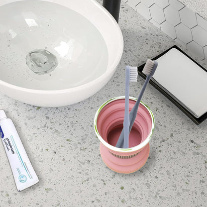 IYYI Collapsible Travel Cup, 10.5 OZ Foldable Cup with Lid, Silicone Folding Cups for Camping, Hiking, Outdoors, Travel, Portable Camping Mug (Pink+Gray)