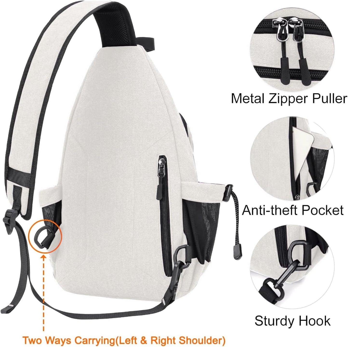 MOSISO Sling Backpack,Canvas Crossbody Hiking Daypack Bag with Anti-theft Pocket, Pearl White