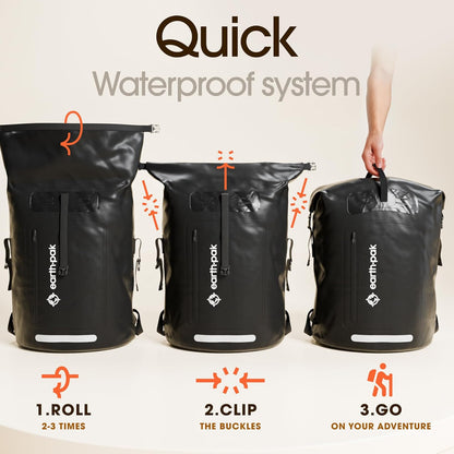 Earth Pak Waterproof Backpack - Heavy Duty Hiking Backpack - Roll-Top Closure Bag - Cushioned Dry Bag Waterproof Phone Case