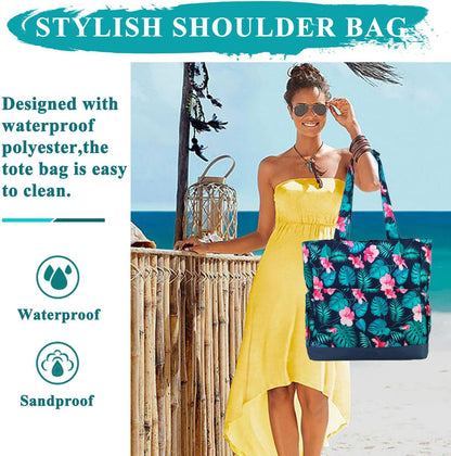 VASCHY Beach Bag for Women, Large Waterproof Sandproof Fold-able Packable Pool Tote Bag w Zipper/Pockets