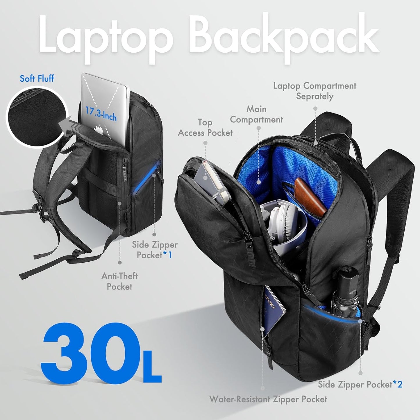 hk Waterproof Travel Backpack for Men – Lightweight 30L Laptop Backpack with 17.3" Compartment, Anti Theft Black Bag for Work, College, Hiking, Carry-On Use