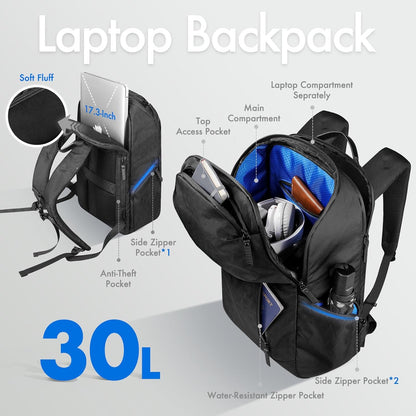 hk Waterproof Travel Backpack for Men – Lightweight 30L Laptop Backpack with 17.3" Compartment, Anti Theft Black Bag for Work, College, Hiking, Carry-On Use