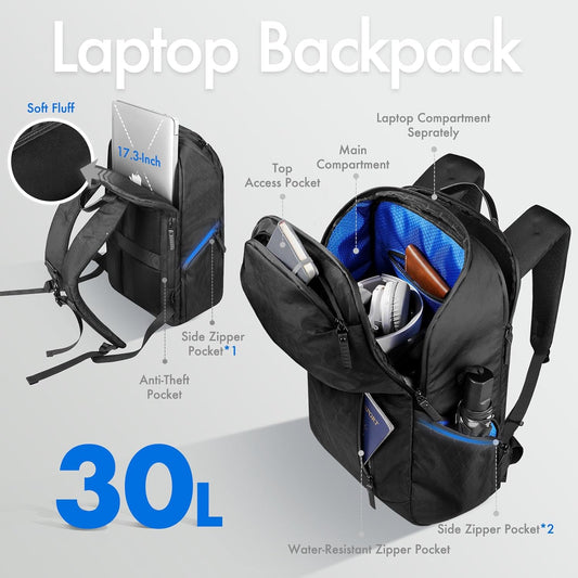 hk Waterproof Travel Backpack for Men – Lightweight 30L Laptop Backpack with 17.3" Compartment, Anti Theft Black Bag for Work, College, Hiking, Carry-On Use