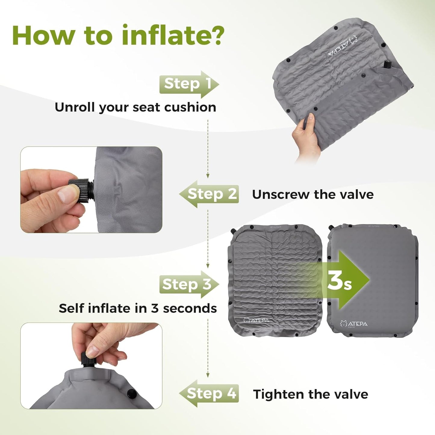 ATEPA Inflatable Stadium Seat Cushion, Self-Inflating Memory Foam Stadium Seats Bleacher Seat Chair Cushion Pad for Airplane Travel Backpacking Sports Events