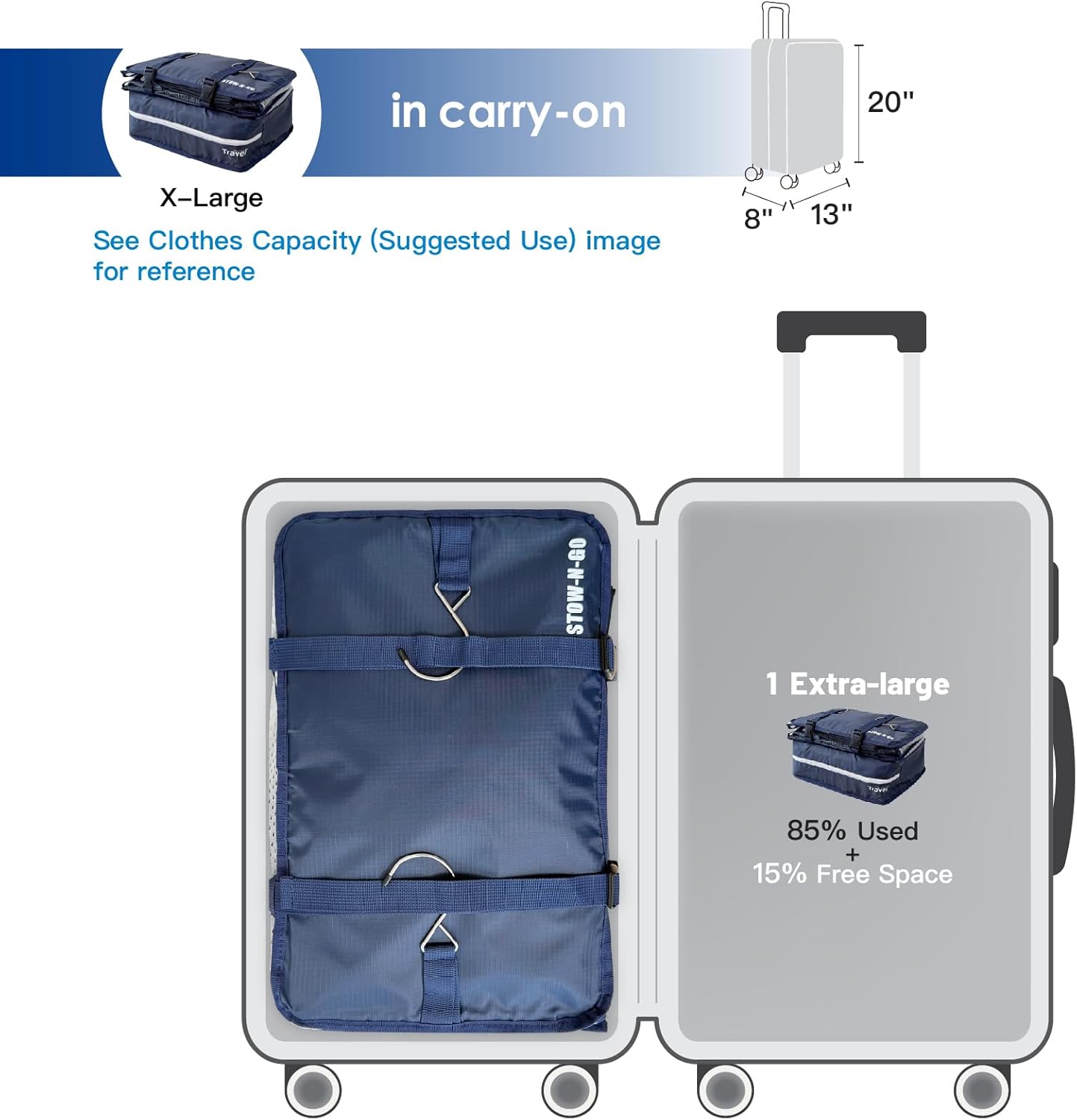 Grand Fusion Stow-N-Go Travel Luggage Organizer – Portable Hanging Travel Shelves, Carry-On Closet Organizer, Hanging Packing Cubes, Collapsible Carry-On Organizer for Cruises & Hotels. Blue - XL