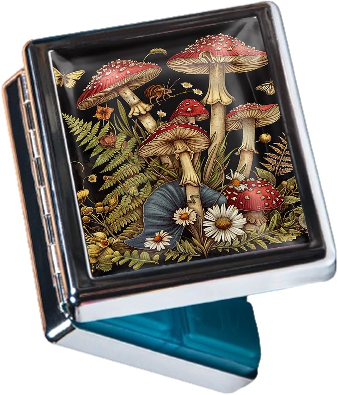 8‑Compartment Metal Pill Box Organizer – Portable Medicine Case 3″×2.6″ | Food‑Grade Dividers | Secure Snap Button Lid | Travel & Gift for Seniors (Enchanted Mushroom Grove)