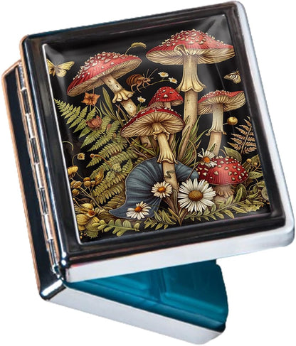8‑Compartment Metal Pill Box Organizer – Portable Medicine Case 3″×2.6″ | Food‑Grade Dividers | Secure Snap Button Lid | Travel & Gift for Seniors (Enchanted Mushroom Grove)