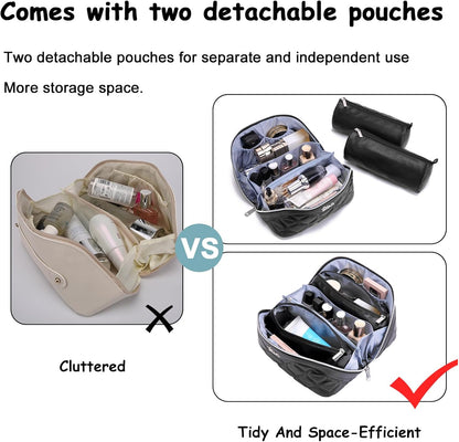 Travel Makeup Bags for Women Cosmetic Bag: Puffy Make up Bags Set of 3 - Vegan Leather Makeup Organizer - Waterproof Large Toiletry Bag with Compartments - Travel Essentials (Black)