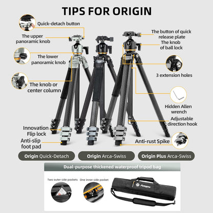 Fotopro Compact Carbon Fiber Travel Tripod, 60 inches Professional Heavy Duty Tripod with Profile Legs Super-Large Ball Head Weatherproof Bag, Fotopro Origin Plus Golden Max Load 44lbs