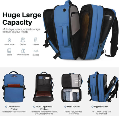 Travel Backpack Carry On Flight Approved, Lightweight Large Travel Backpack, Expandable with USB Charging Hole, Waterproof Causal Bookbag for Travel Work College Fits 17 inch Laptop, Blue